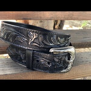 Black tooled leather belt
